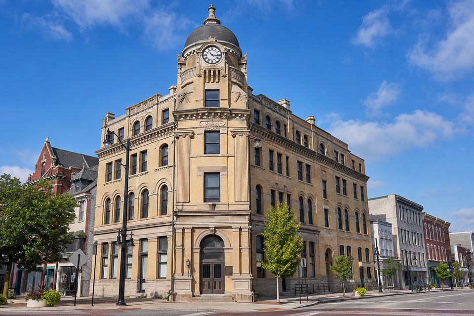 historic National Bank of Coatesville Building, located at 235 East Lincoln Highway. It’s known for its distinctive domed clock tower and early-1900s architecture.
