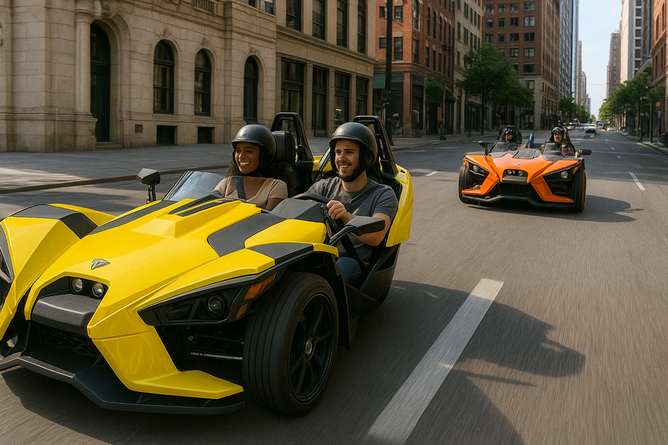 2 people in a yellow Slingshot rental driving with another orange Slingshot right behind them