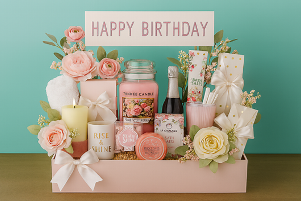 Birthday gift box for a woman with candle, towel, travel mug, candy, bath salts, cheese tin, tumbler, and floral embellishments. Set against a soft teal background with pink and white accents. Birthday