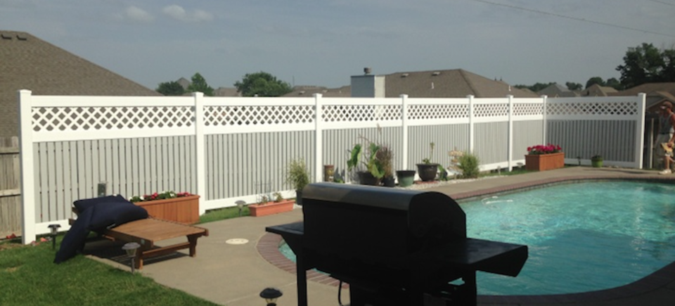 Midland vinyl fence   deck company   tulsa and coweta  oklahoma   vinyl metal wood fence sales and installation   semi privacy   vinyl white two color semi private pool fence with lattice  tall   220170609 4251 1ev5qy4
