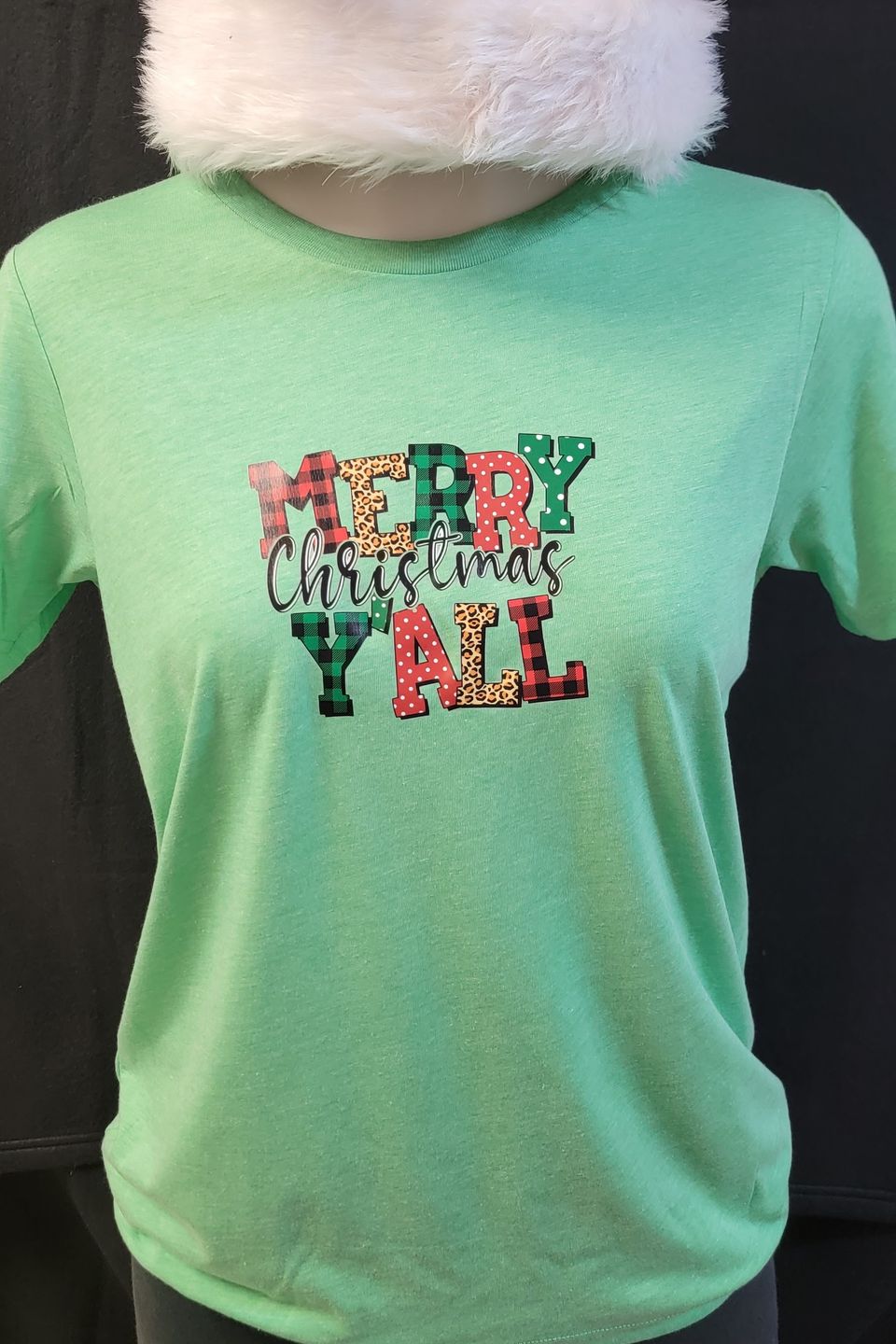 "DTF Direct-to-Film" example from SaRi's Creations - "Merry Christmas Y'all" on a green t-shirt