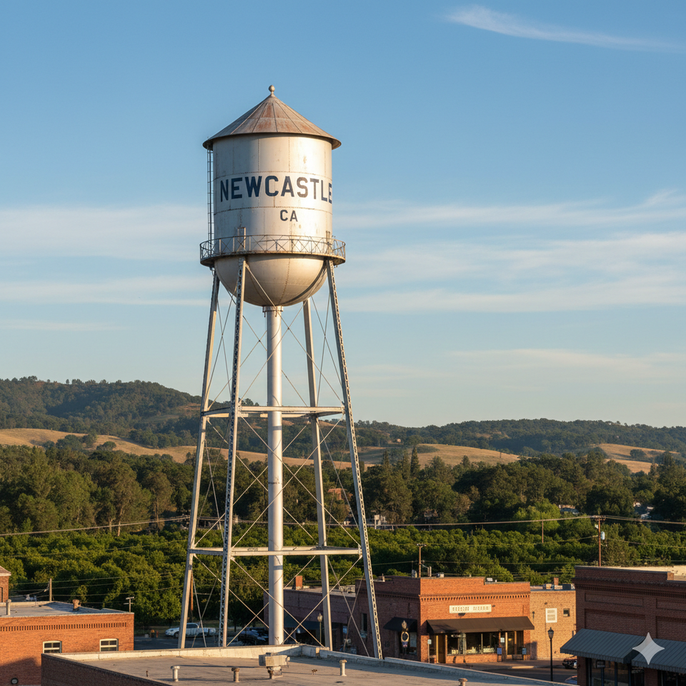 Newcastle CA water tower landmark overlooking historic downtown buildings and Placer County foothills - LuXe Design Tile and Granite inc. location