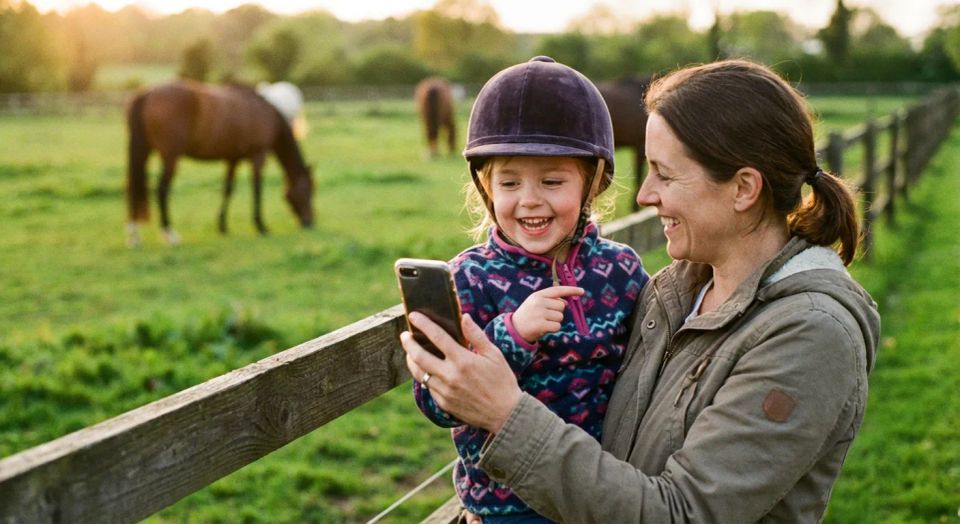 Mother and young daughter smiling at a smartphone while visiting a local horseback riding school, with horses grazing in a green pasture behind them