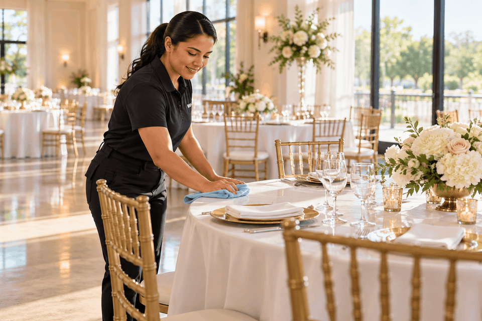 Professional cleaner preparing a bright event venue before guests arrive