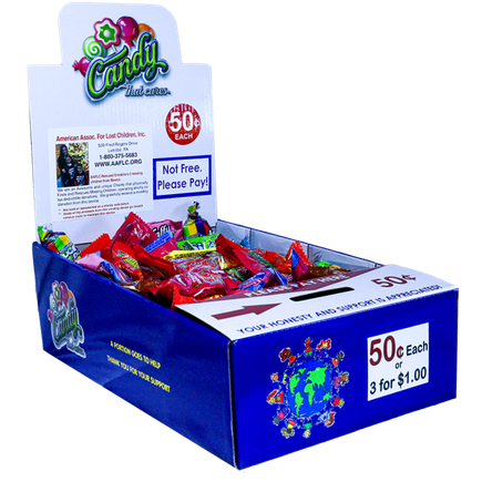On display, fits nicely on the countertop. Filled with candy. Easy to operate side gig vending route.