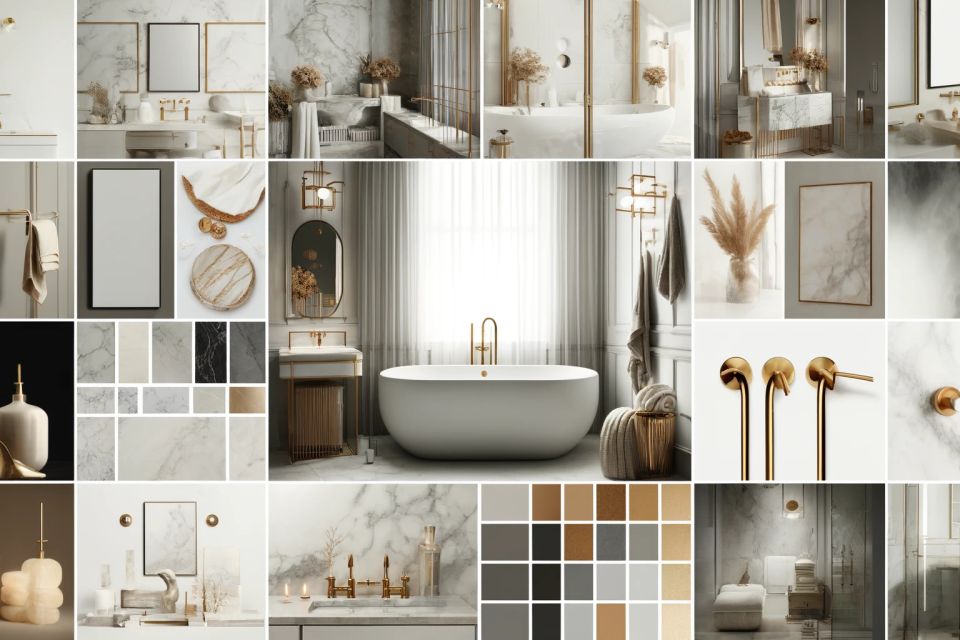 Dall·e 2024 05 29 15.16.15   a sample interior design mood board for a luxurious bathroom. the mood board features a sophisticated color palette with shades of white  grey  and go