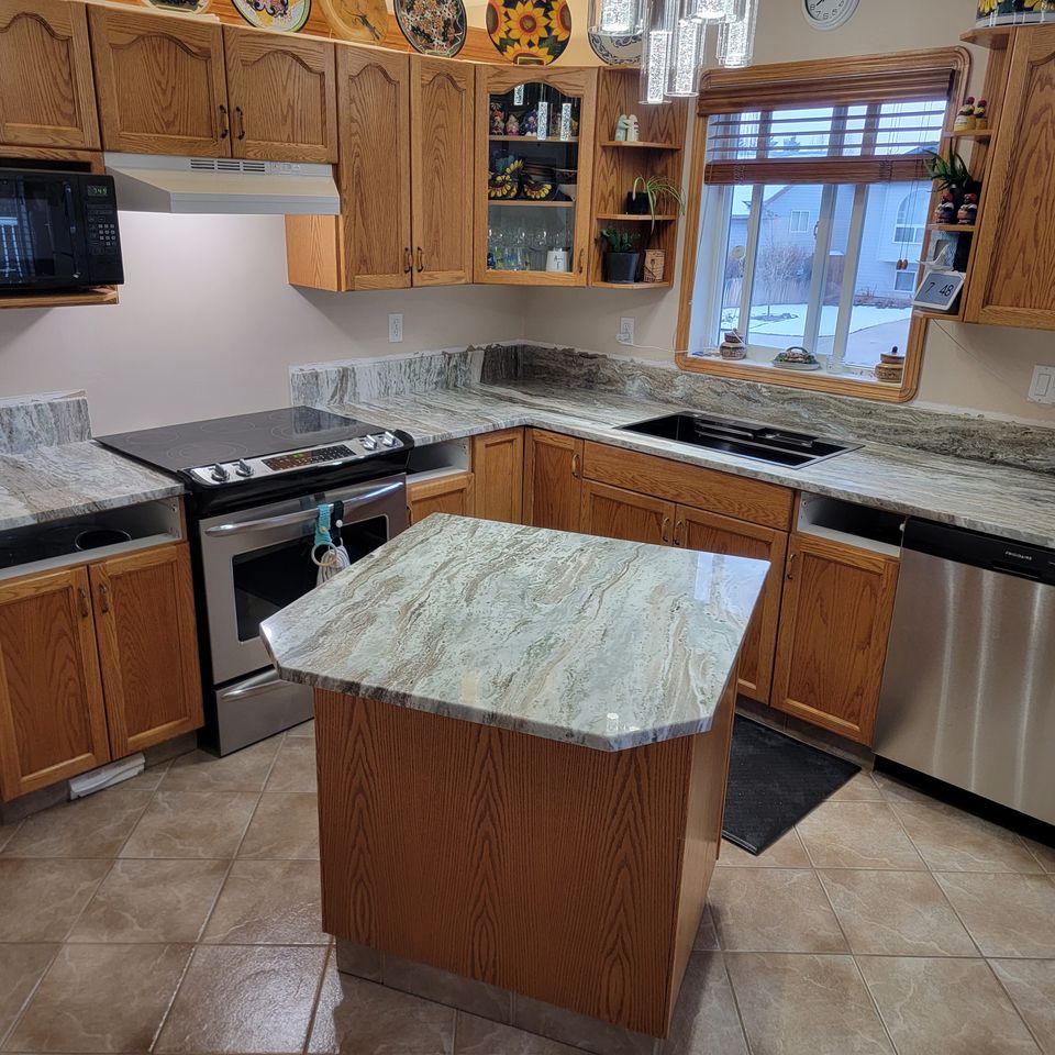 Grey Countertop with small island.