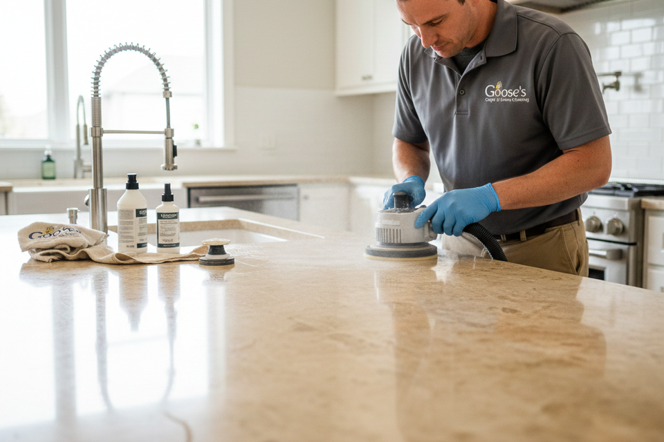 Professional technician performing limestone countertop restoration in a modern kitchen, using a specialized handheld diamond honing tool to remove etch marks and restore a smooth satin finish.