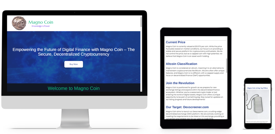 Magno Coin cryptocurrency website shown on desktop, tablet, and smartphone with secure digital finance features, decentralized token info, and crypto purchase options.