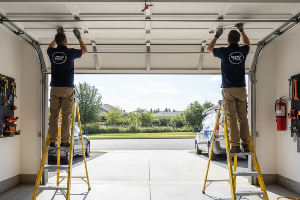Professional garage door repair technicians installing overhead door opener and track system