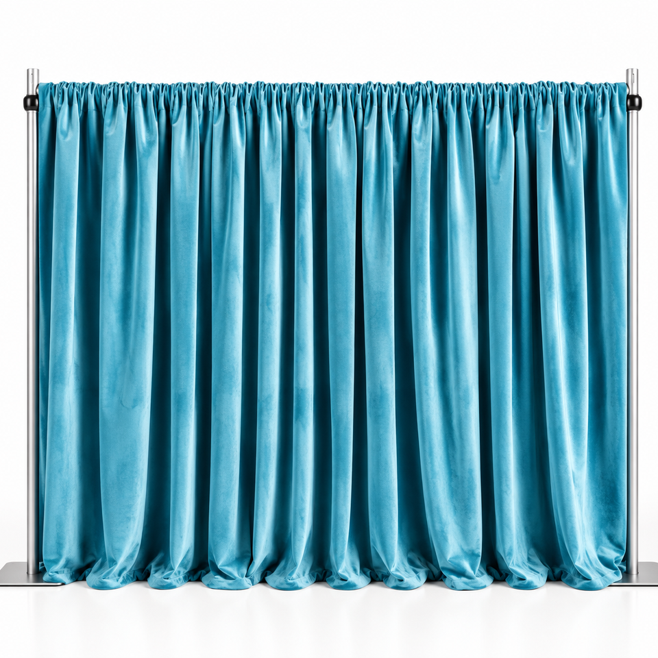 Teal velvet curtain backdrop setup