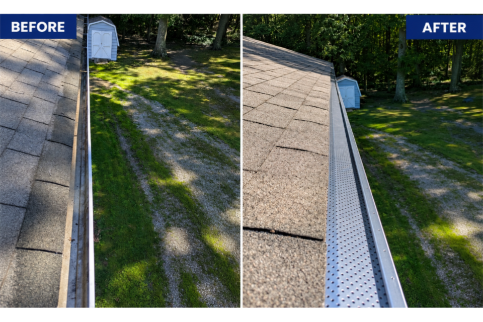 Before-and-after comparison showing a residential gutter before and after gutter guard installation.