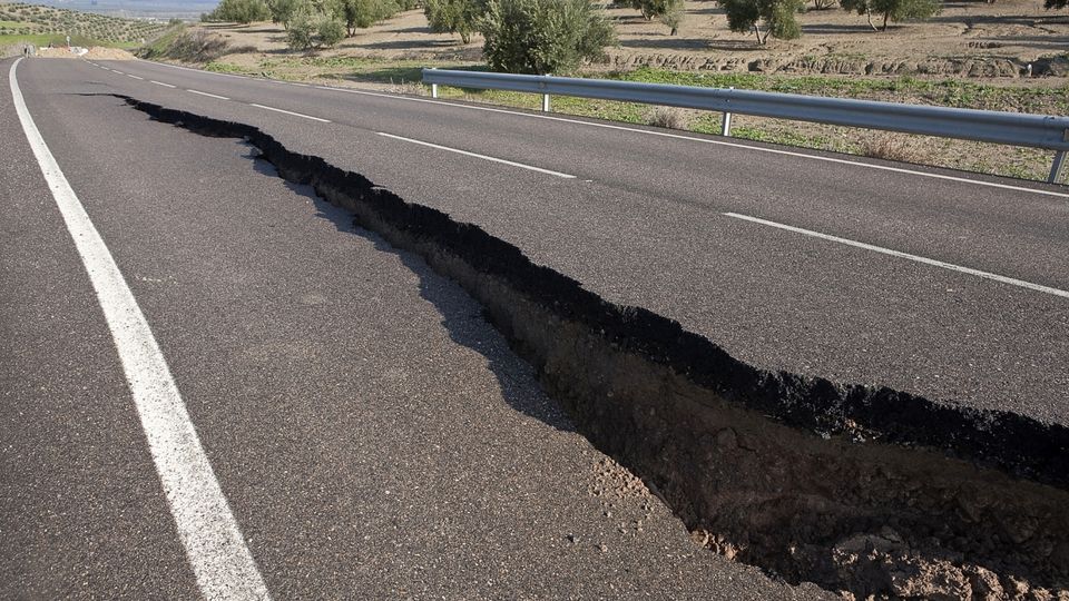 Earthquake crack in road