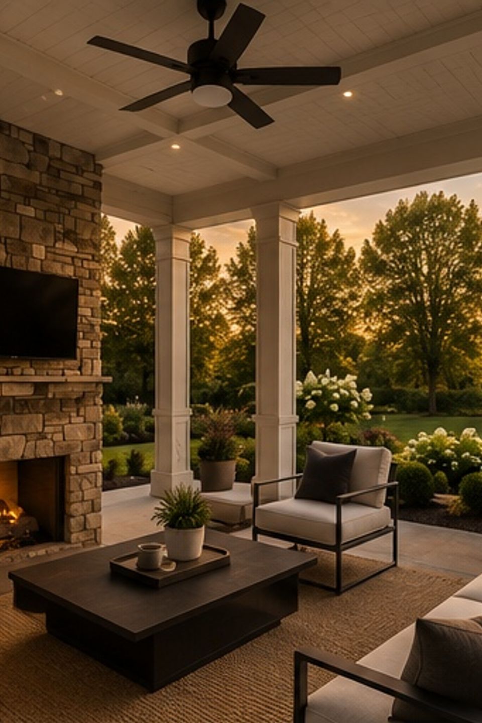 Covered outdoor living space with stone fireplace in a Hudson custom home