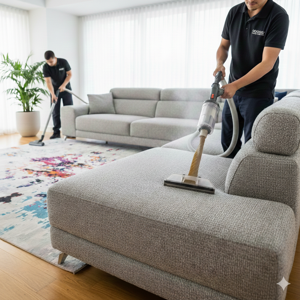 Professional upholstery cleaning and furniture steam extraction for a luxury sectional sofa and area rug by gooses carpet   stone care technicians.