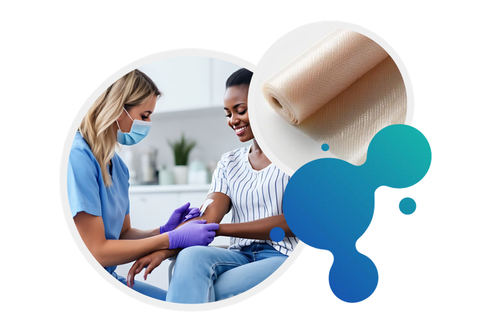 Fusion Biologics nurse applying care beside amniotic skin graft roll.