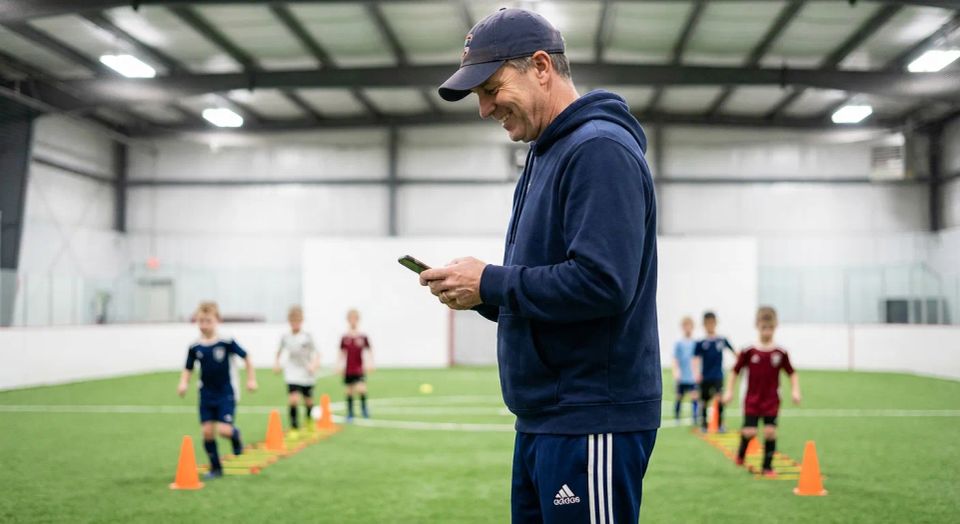Smiling youth sports coach checking his smartphone on an indoor turf field while kids practice soccer agility drills in the background.