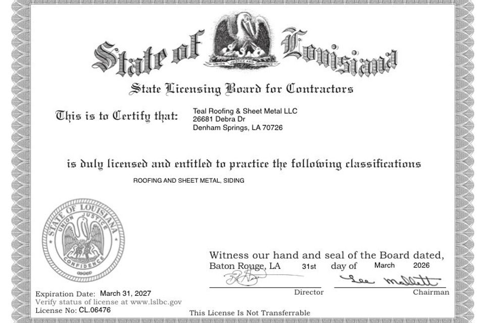 Louisiana commercial roofing license for Teal Roofing and Sheet Metal