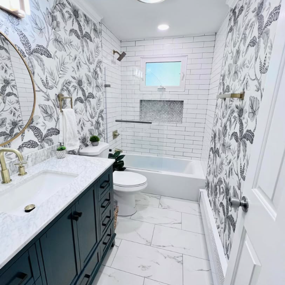 Black vanity wallpaper bathroom