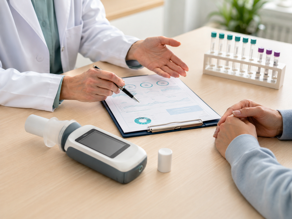 Allergist explaining allergy test results next to a spirometer