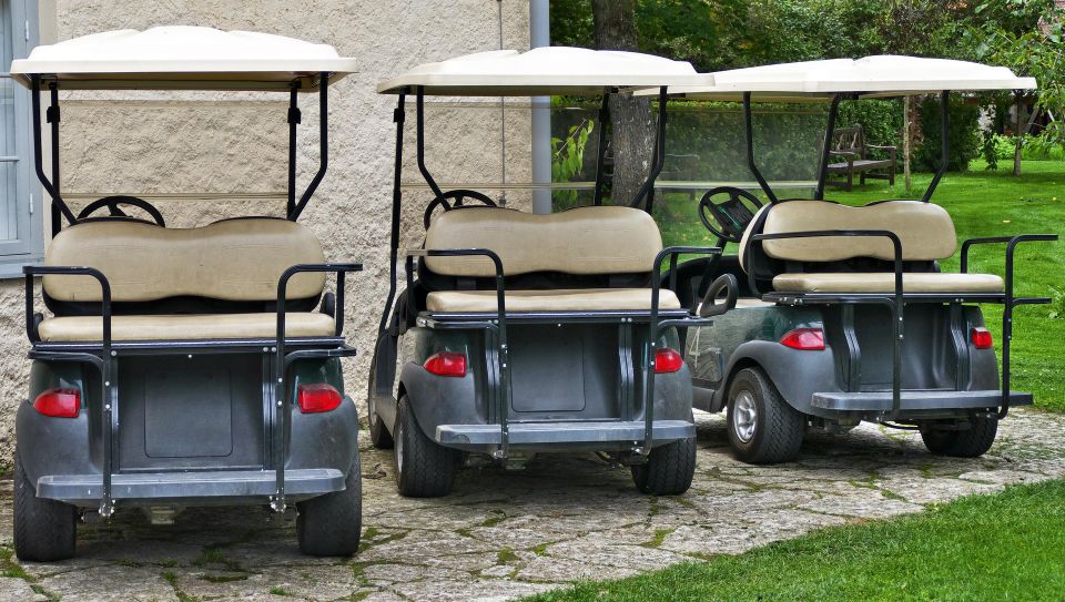 Golf carts parked, ready for maintenance services.