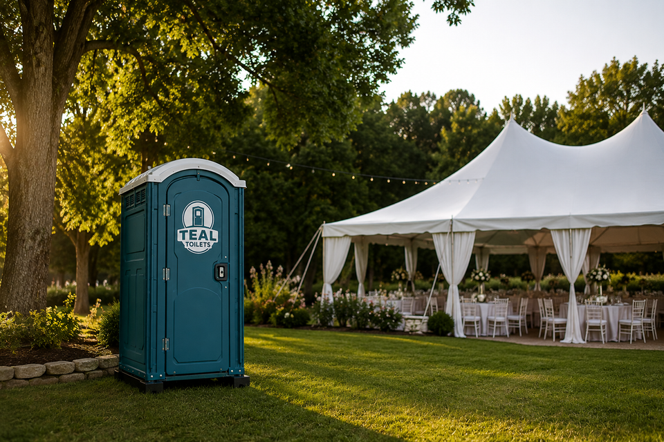 Teal toilet at an outdoor wedding venue