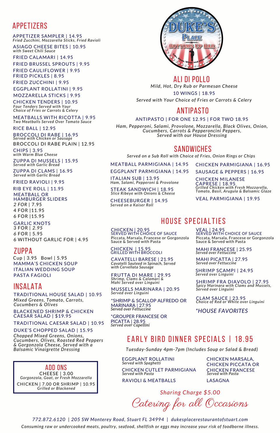 Duke's place menu front