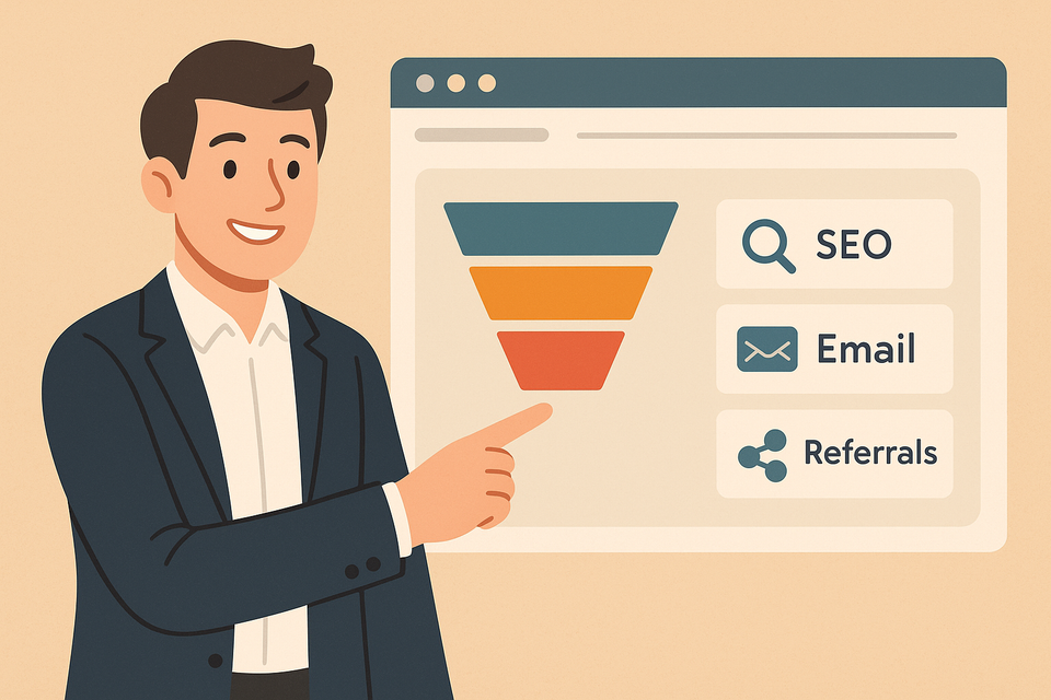 Smiling male business owner pointing to a website dashboard with a funnel.
