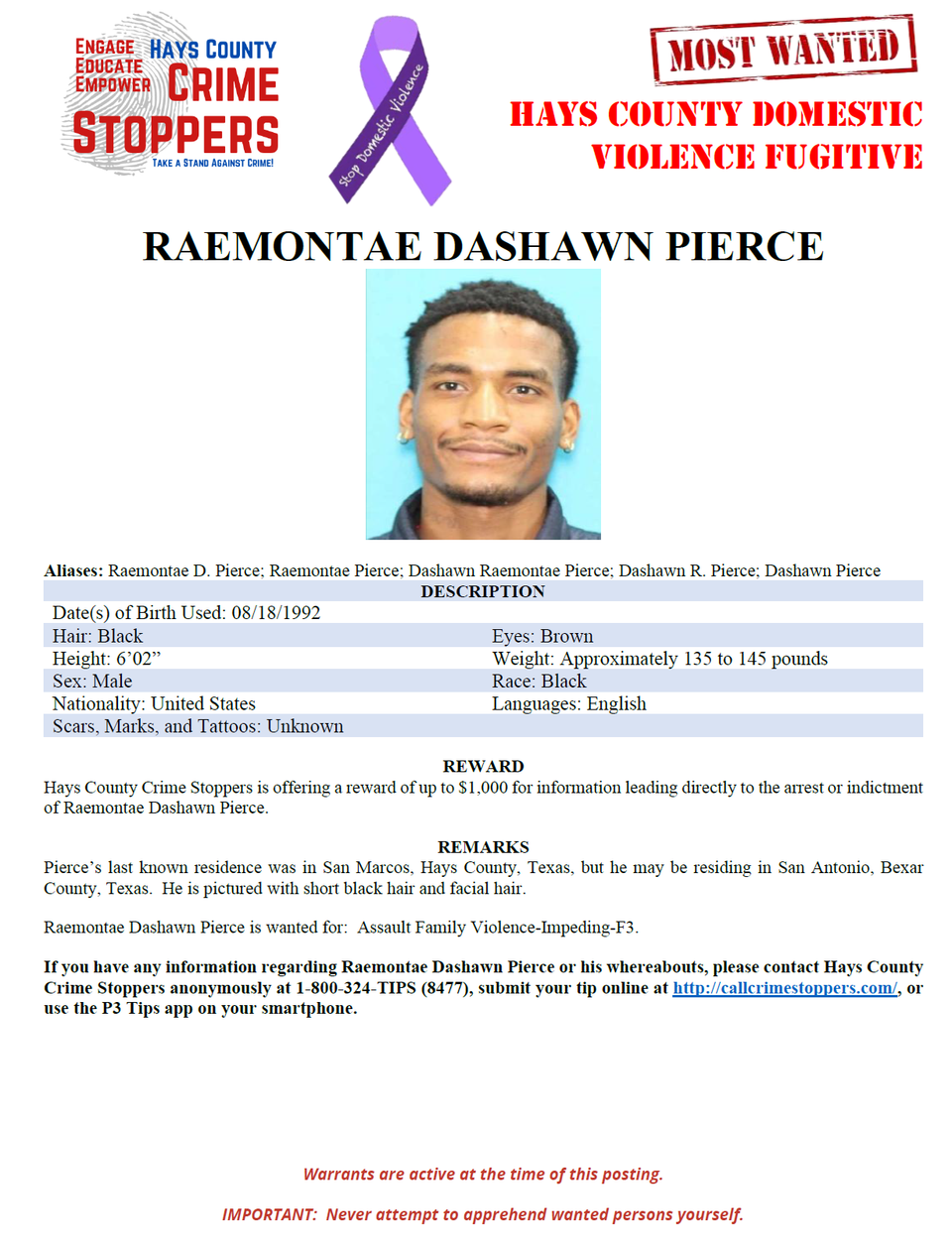 Pierce most wanted poster