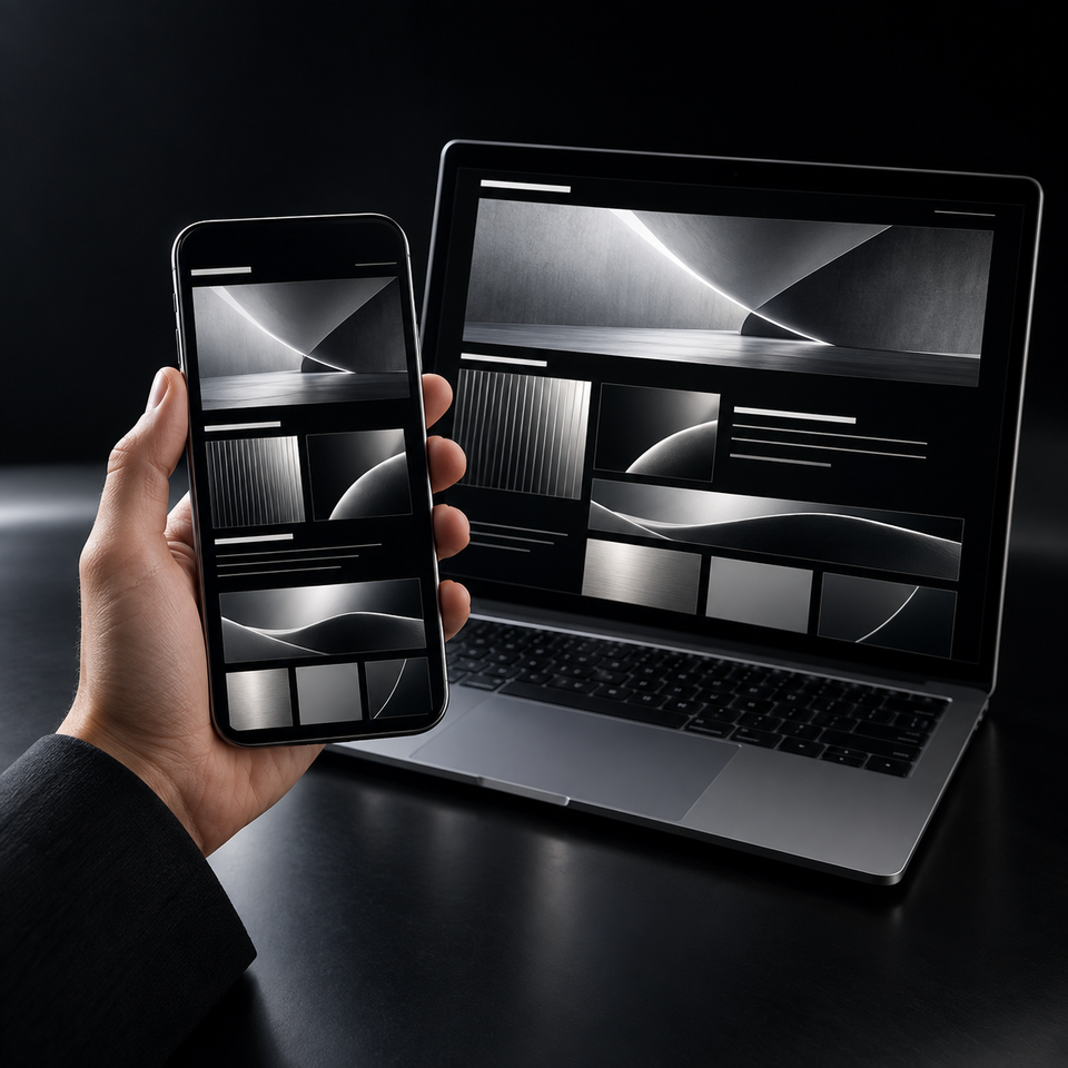 Hand holding a phone next to a laptop, both showing the same dark responsive website layout