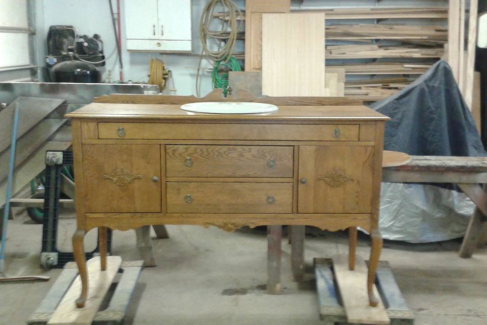 Repurposed 1920 buffet turn into  double sink vanity