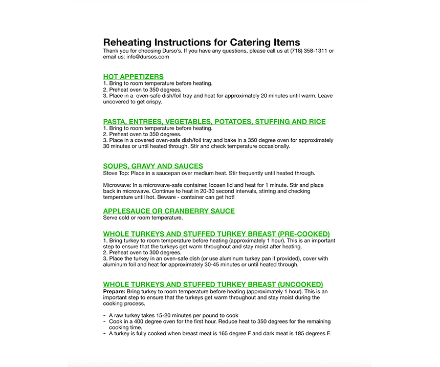 Dursos reheating instructions