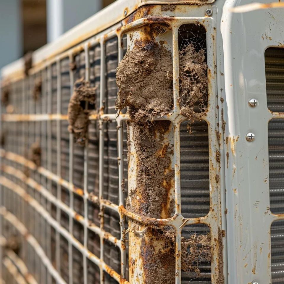 Malfunctioning air conditioning unit showing signs of wear in Myrtle Beach