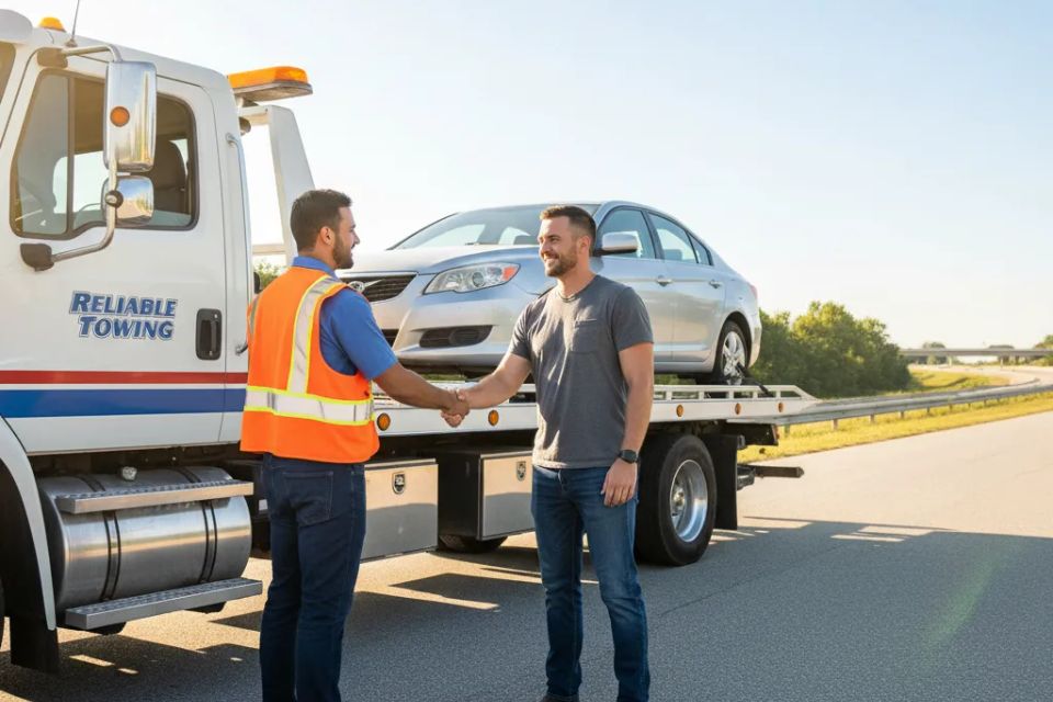 Professional tow truck driver shaking hands with a relieved customer beside a flatbed truck.