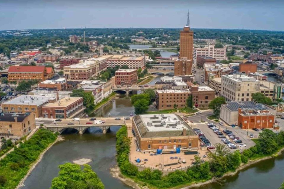 Downtown Aurora, IL aerial view looking north