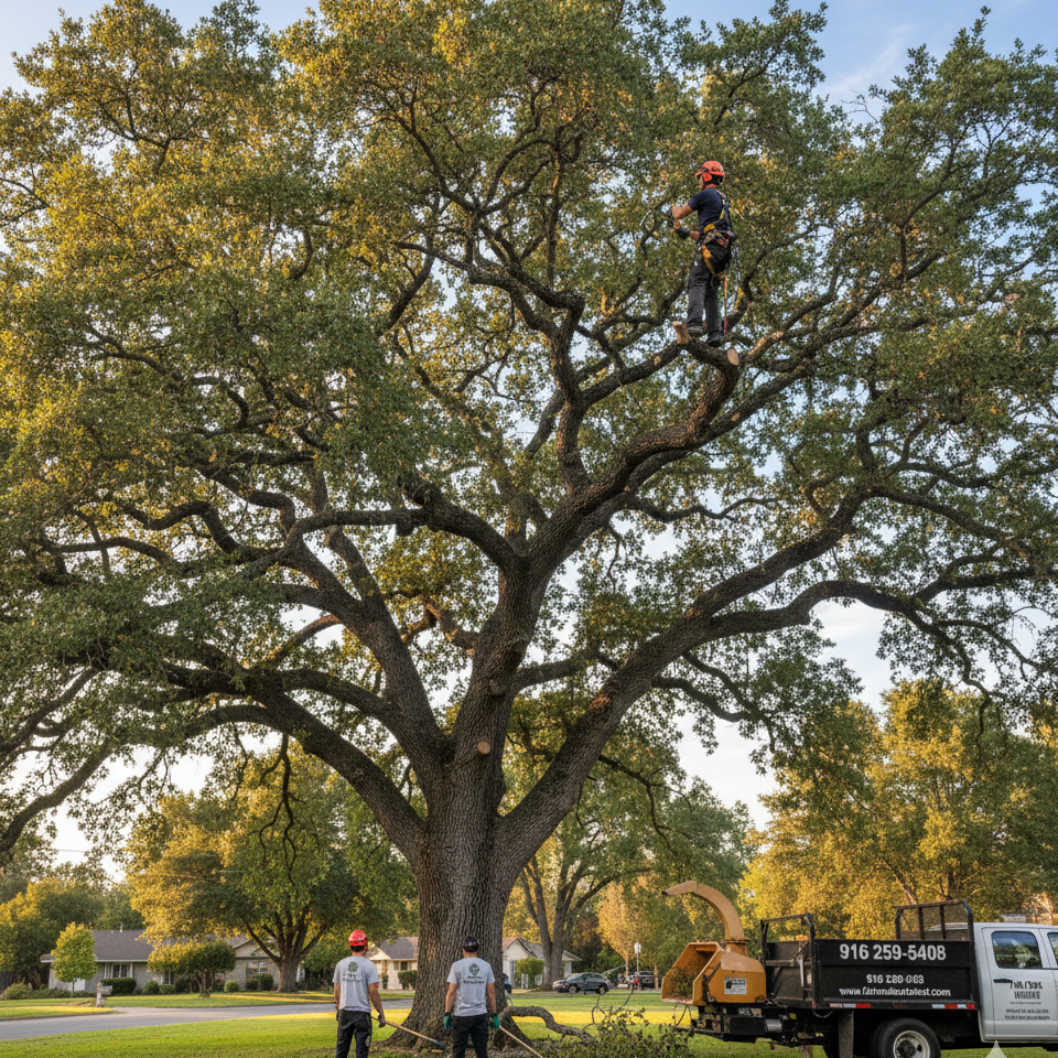 Arborists trimming a large oak tree in a residential neighborhood using professional tree care equipment