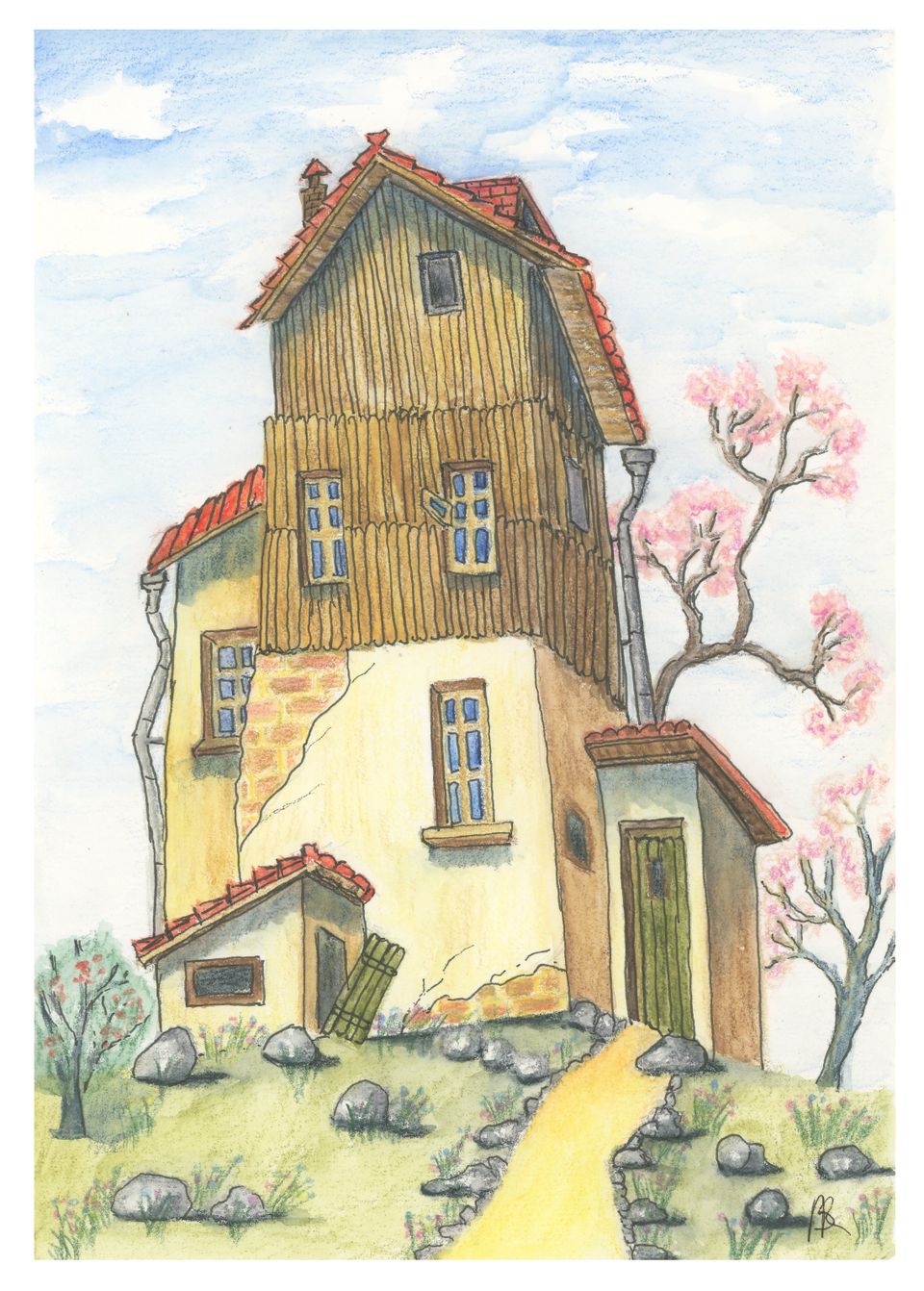 A sketch featuring a house with a tree behind it, representing a tranquil residential environment.