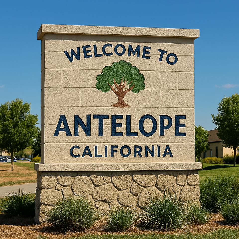 Welcome sign for Antelope, California featuring stylized tree graphic, set in a suburban park with green landscaping and clear blue sky