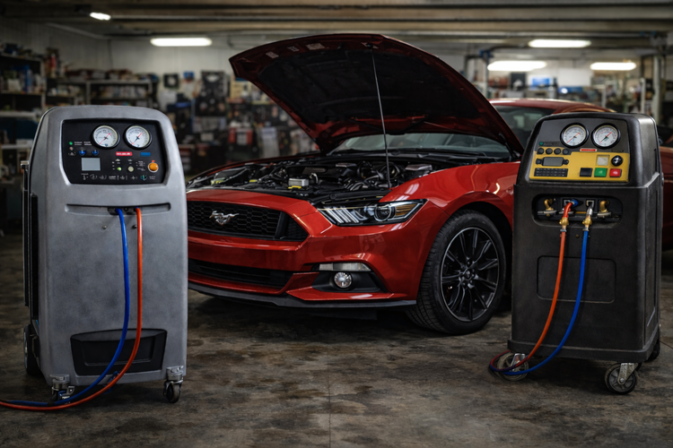 Climate control diagnostic equipment in auto repair shop in Missouri City TX