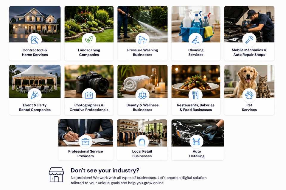 Industries served by Pixeloft Creative including contractors, landscaping, pressure washing, cleaning services, mechanics, restaurants, retail businesses, and other Orlando small businesses.