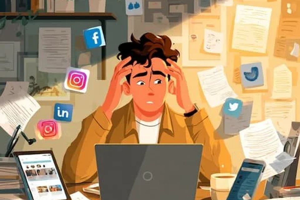 Cartoon man confused at his laptop with social apps flying around his face 