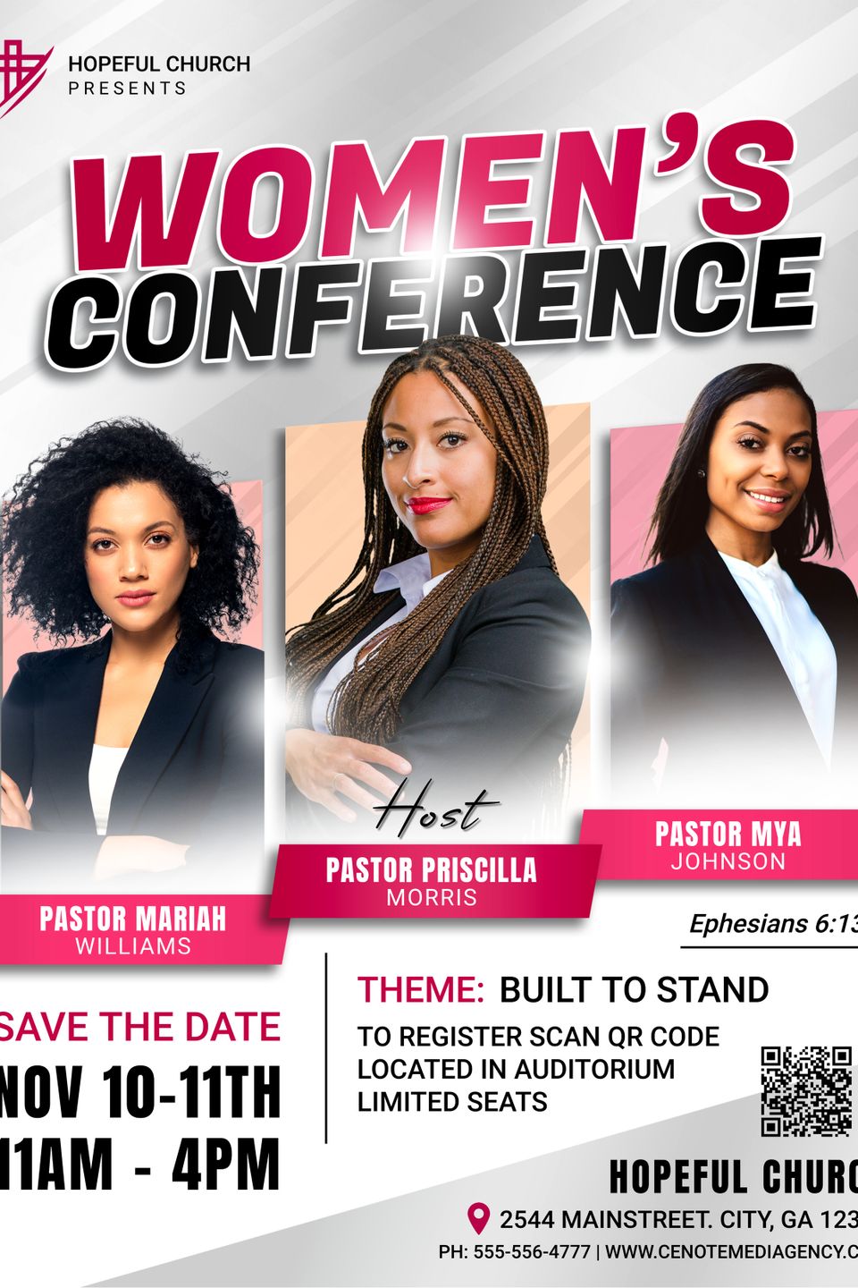 Modern pink womens church conference ministry gathering event flyer