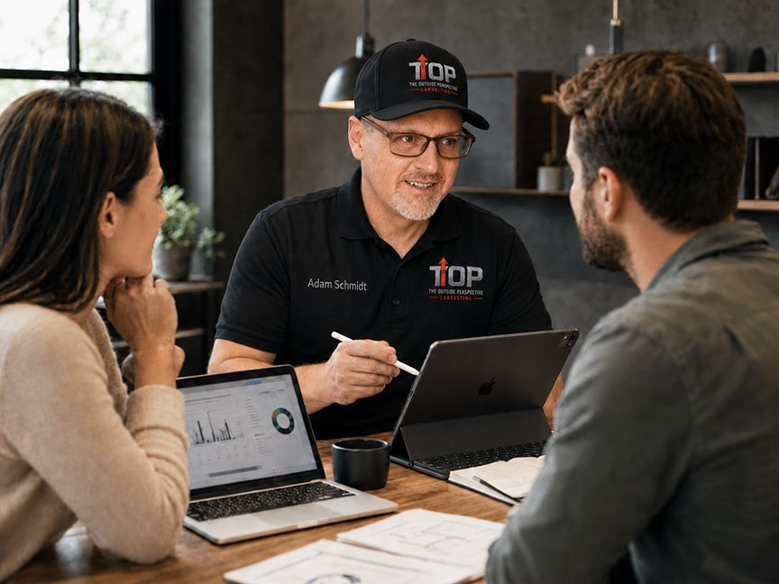 Adam speaking with clients