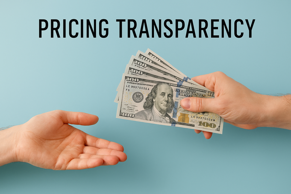 Pricing Transparency Graphic with hands trading cash