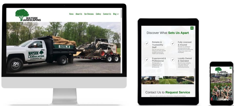 Wayside Landscaping website in Hampstead Maryland shown on desktop, tablet, and mobile with truck, trailer, and landscaping equipment for professional outdoor services.