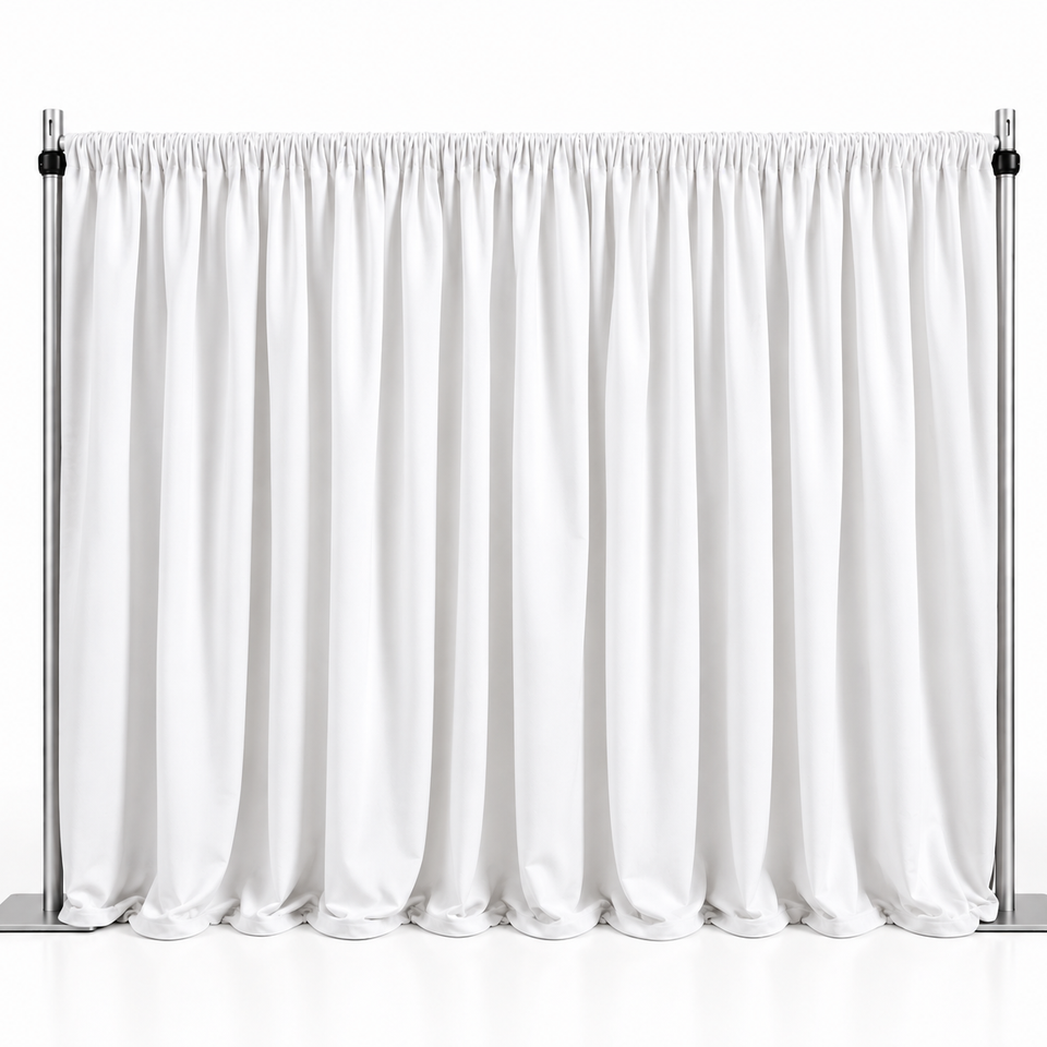 White ruched pipe and drape backdrop