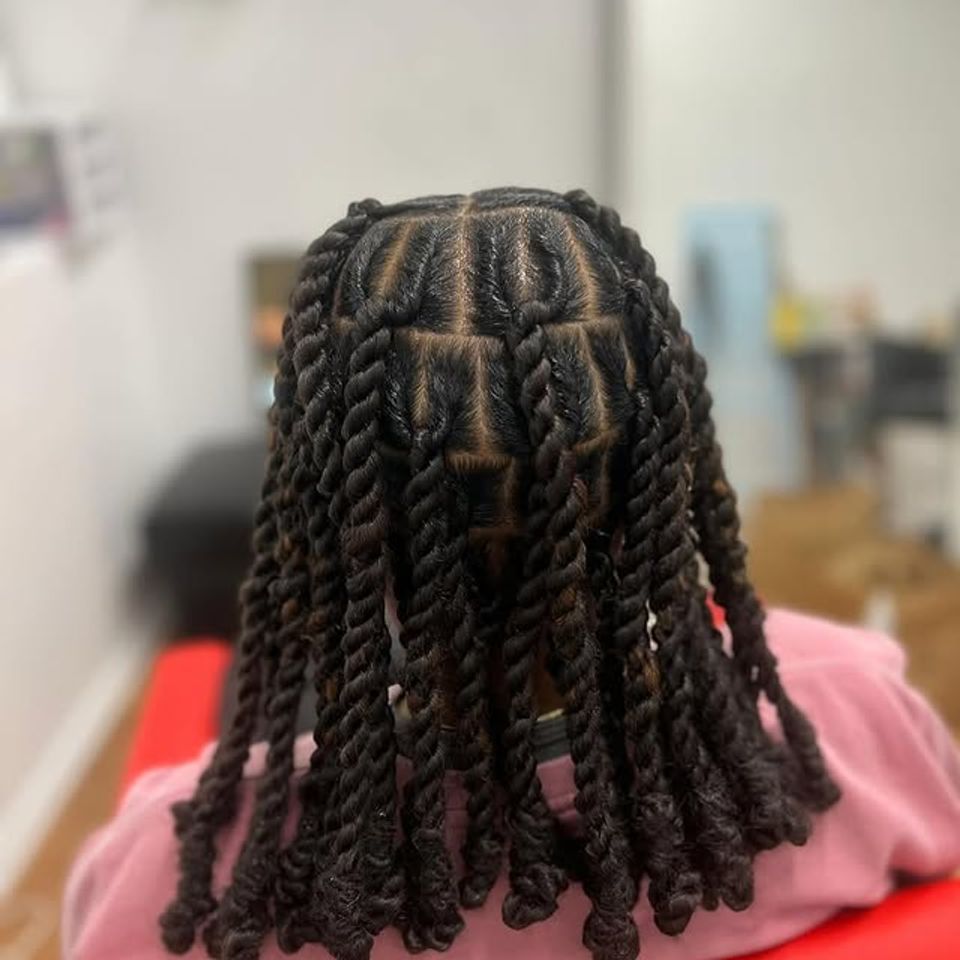 Short two strand twists parted in neat sections after a braiding service in Los Angeles CA